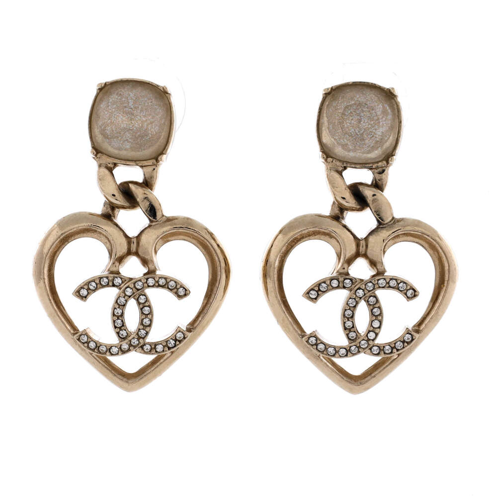 Chanel CC Dangle Heart Earrings Metal with Crystal and Glass Pearl